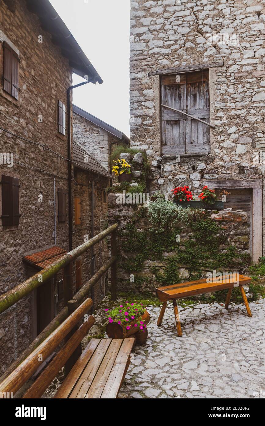 View of the old village of Erto located above the Vajont dam.This village was badly damaged by the Vajont dam disaster Stock Photo