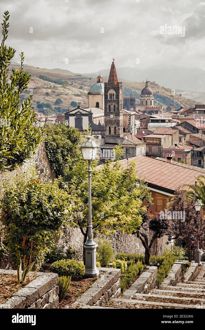 view in Sicily of a medieval Town, old church on houses of Randazzo