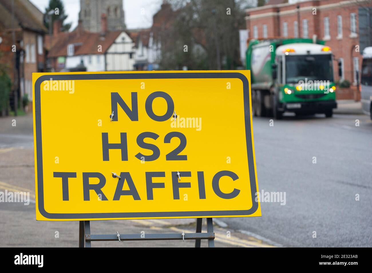 Amersham, Buckinghamshire, UK. 11th January, 2021. A sign for No HS2 traffic. The number of HGVs going through villages in Buckinghamshire is vast. HS2 are carrying out utility works at the bottom of Gore Hill in Amersham on A355 and A413. One of five ventilation shafts for the new High Speed Rail is being built nearby where a tunnel for the train will go underneath the Chilterns. The controversial High Speed Rail from London to Birmingham is massively over budget. Credit: Maureen McLean/Alamy Stock Photo