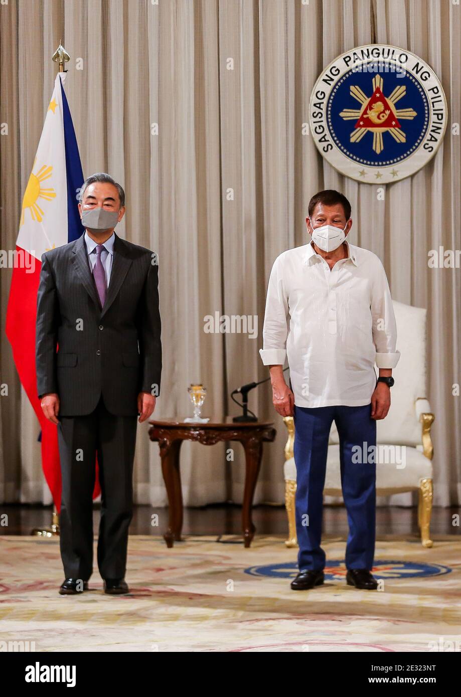 Manila, Philippines. 16th Jan, 2021. Philippine President Rodrigo Duterte (R) meets with Chinese State Councilor and Foreign Minister Wang Yi in Manila, the Philippines, Jan. 16, 2021. Credit: Rouelle Umali/Xinhua/Alamy Live News Stock Photo