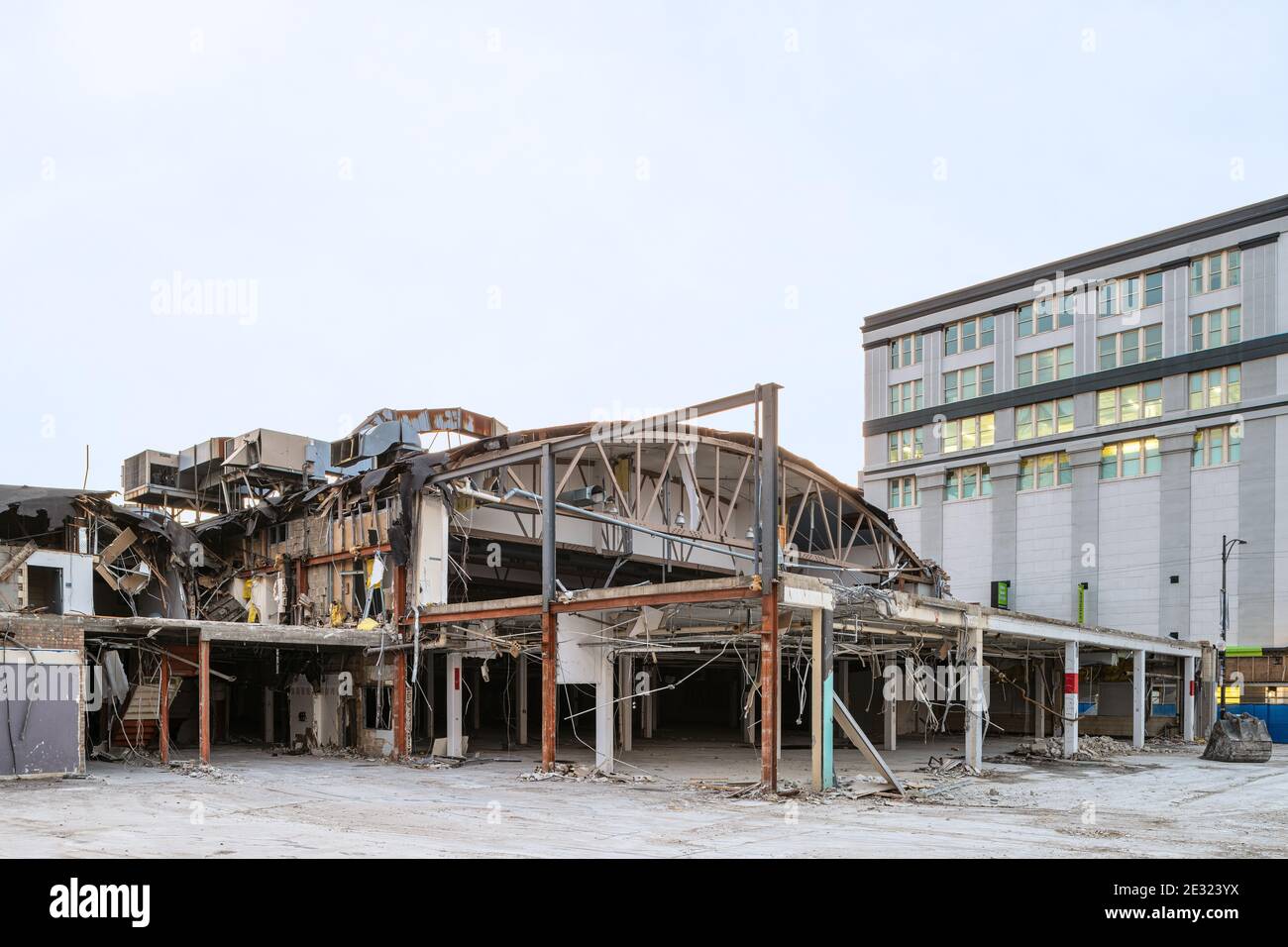 Former auto dealership undergoing demolition in the West Loop Stock Photo