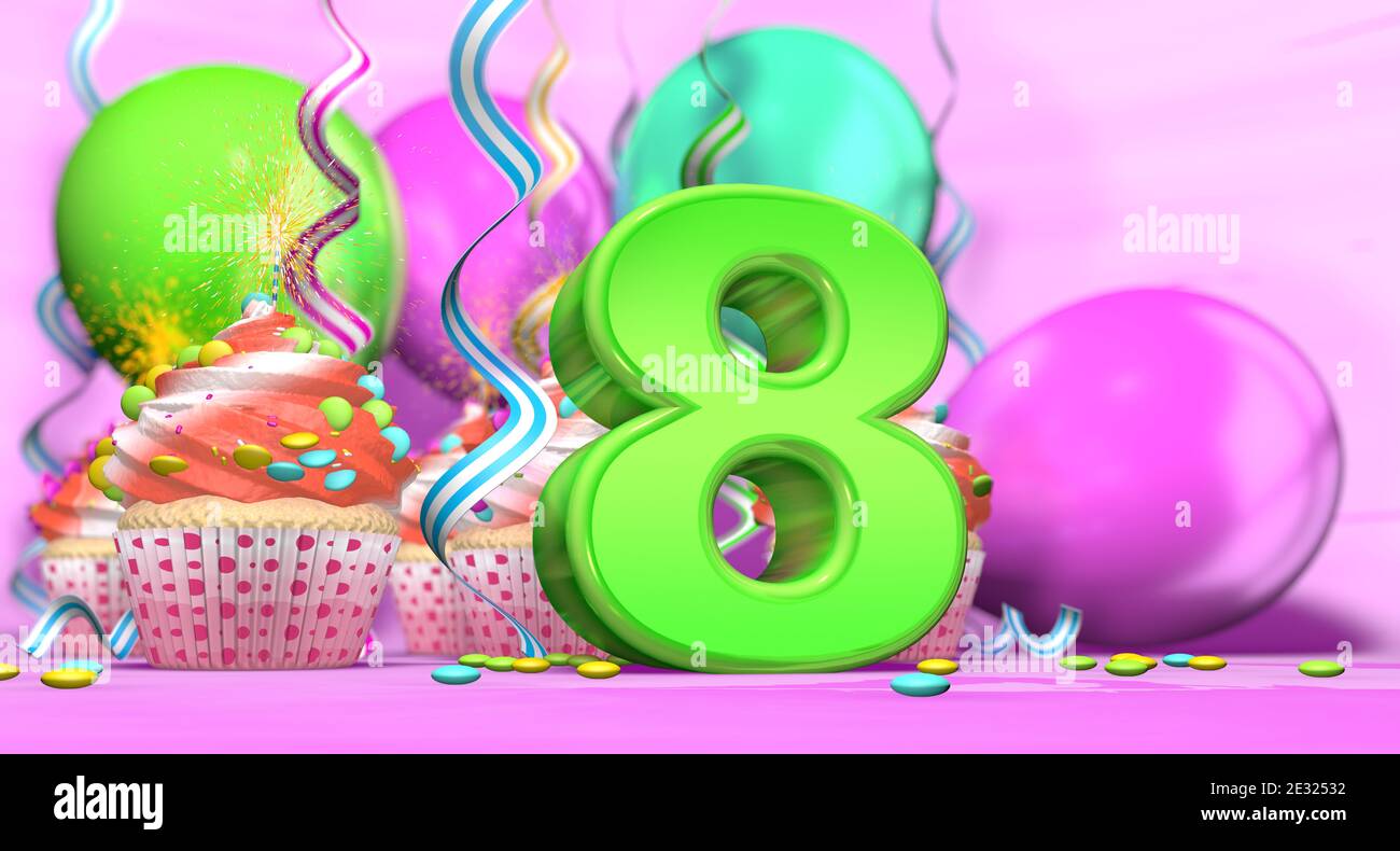 Birthday cupcake with sparking candle with the number 8 large in green