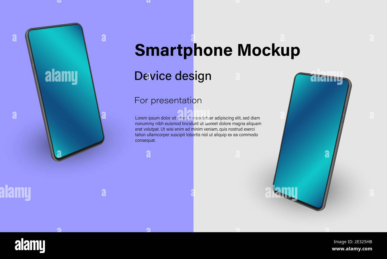 Smartphone mock up in rotated position on background. Two phone with screens in gradient color. Isometric vector illustration for device presentation. Stock Vector