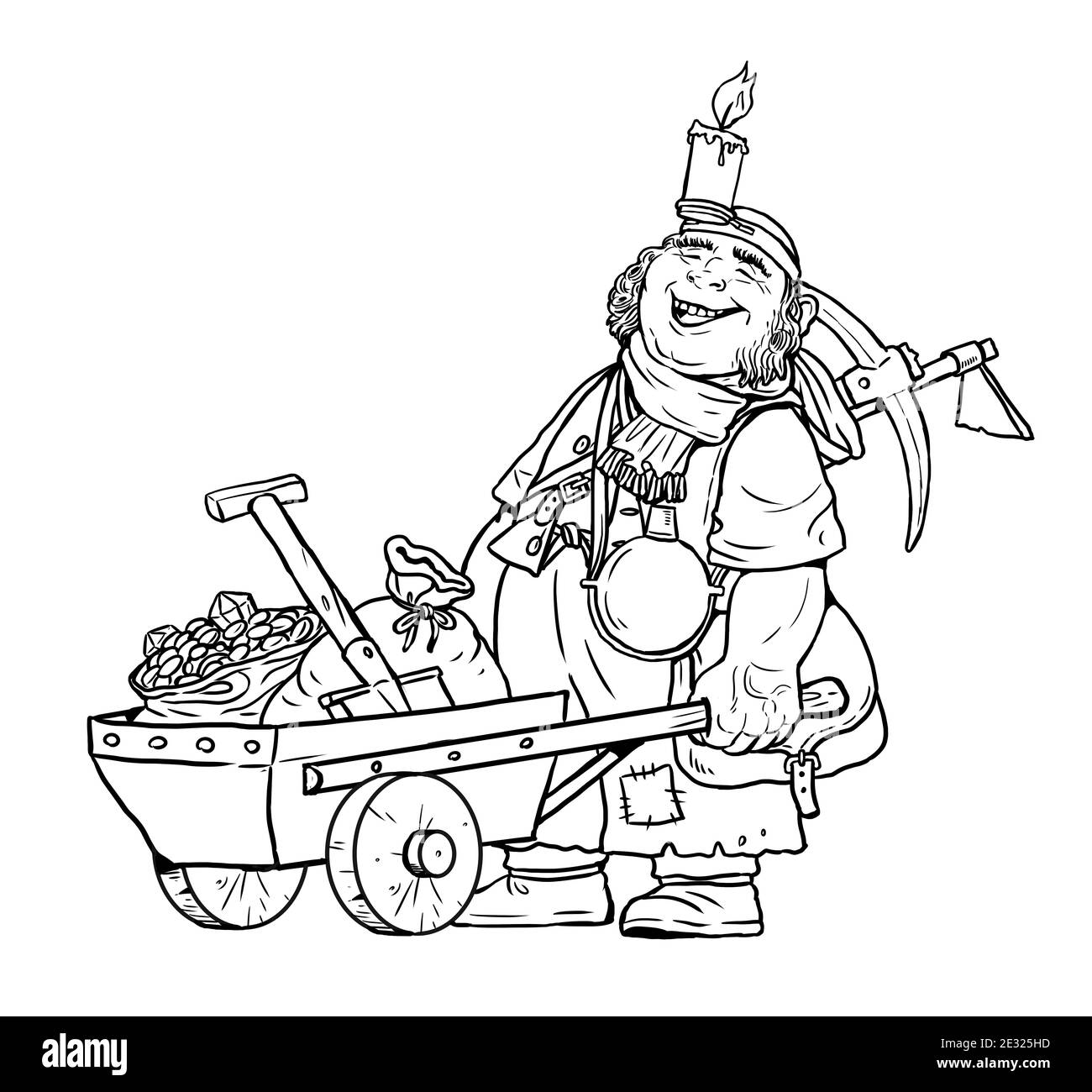 Brave dwarf with treasure. Fantasy drawing with dwarfs. Stock Photo