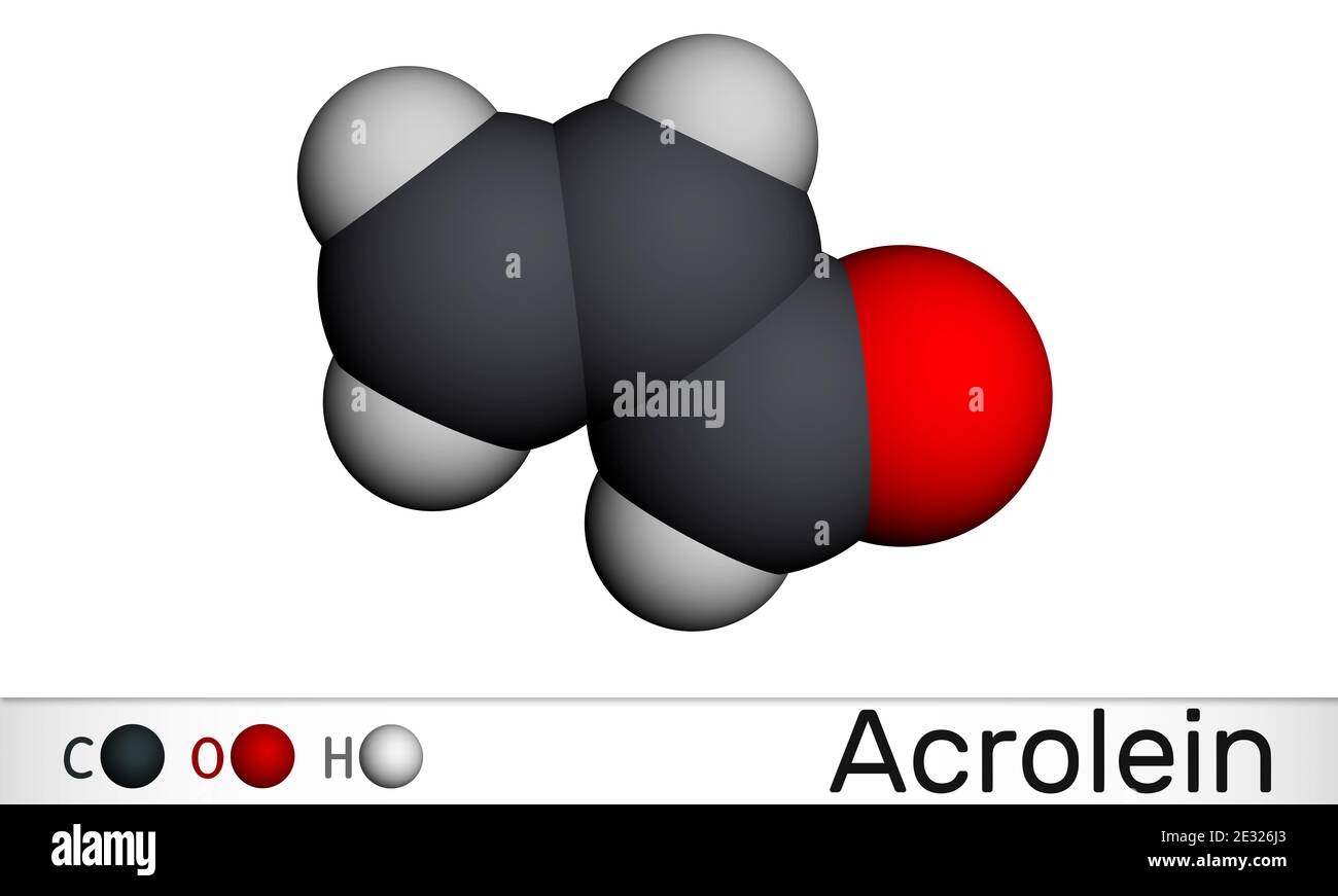 Acrolein, propenal, unsaturated aldehyde molecule. It is used as a pesticide and to make other chemicals. Molecular model. 3D rendering Stock Photo