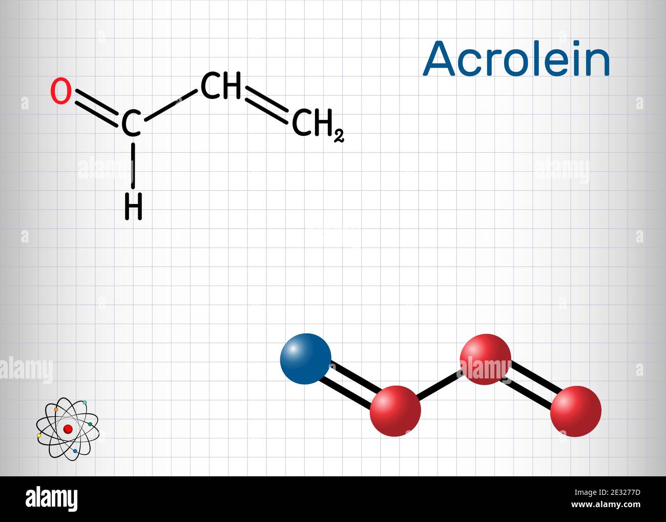 Acrolein, propenal, unsaturated aldehyde molecule. It is used as a pesticide and to make other chemicals. Structural chemical formula and molecule Stock Vector
