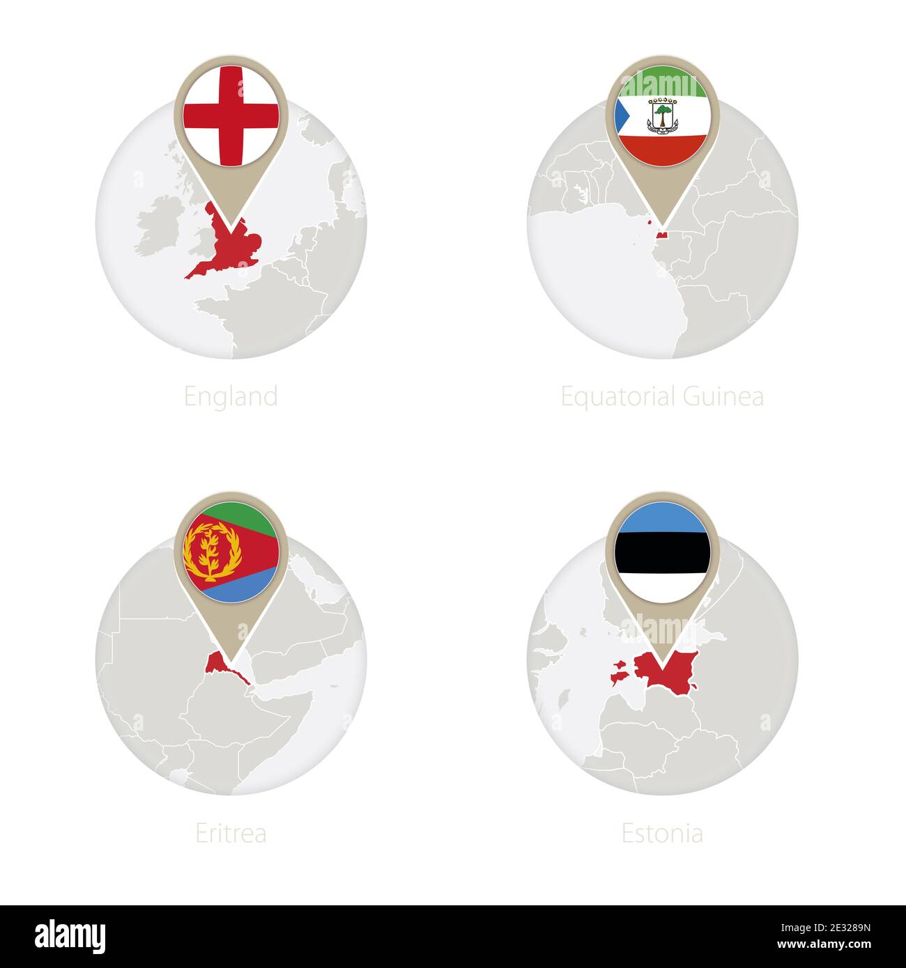 England, Equatorial Guinea, Eritrea, Estonia map and flag in circle. Vector Illustration. Stock Vector