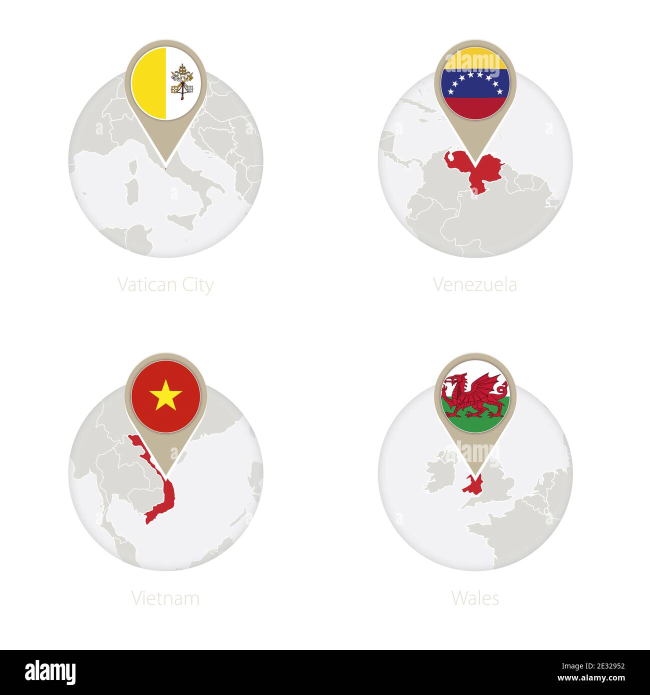 Vatican City, Venezuela, Vietnam, Wales map and flag in circle. Vector Illustration. Stock Vector