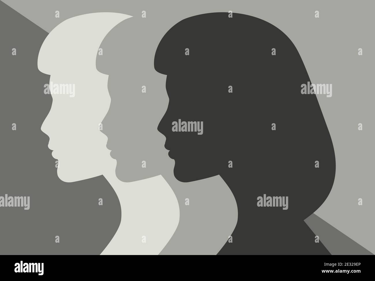 Three Women in Silhouette. Side view. Colorless vector illustration Stock Vector
