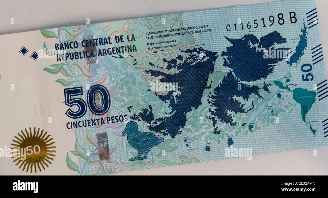 Argentina 50 peso bank note showing the Falkland/ Malvinas Islands and Antarctica claim Stock Photo