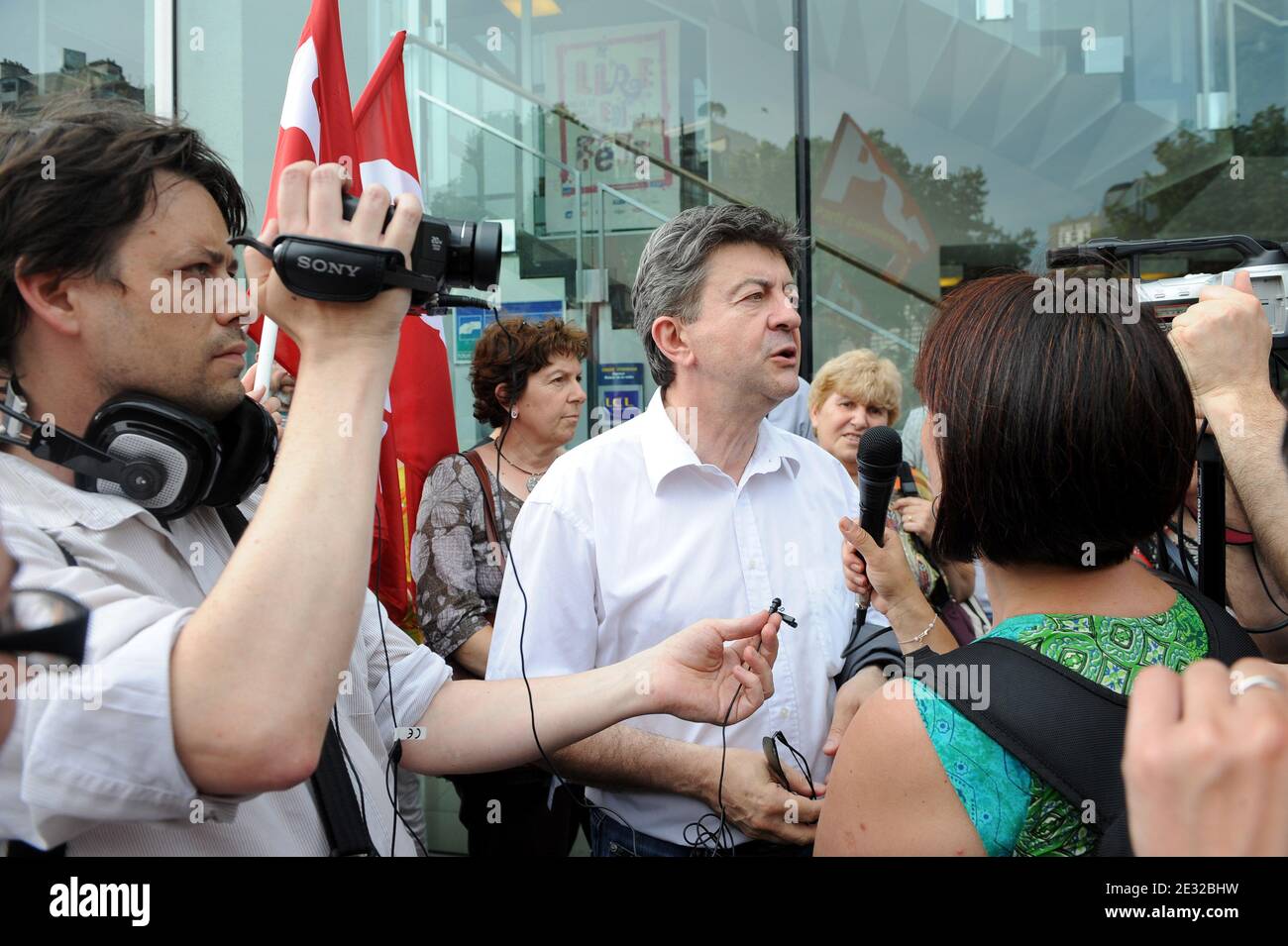 French socialist leader Jean-Luc Melenchon seen during a demonstration to  support the humorists sacked from French radio 'France Inter', at the 'Maison  de la Radio', in Paris, France, on July 1st, 2010.