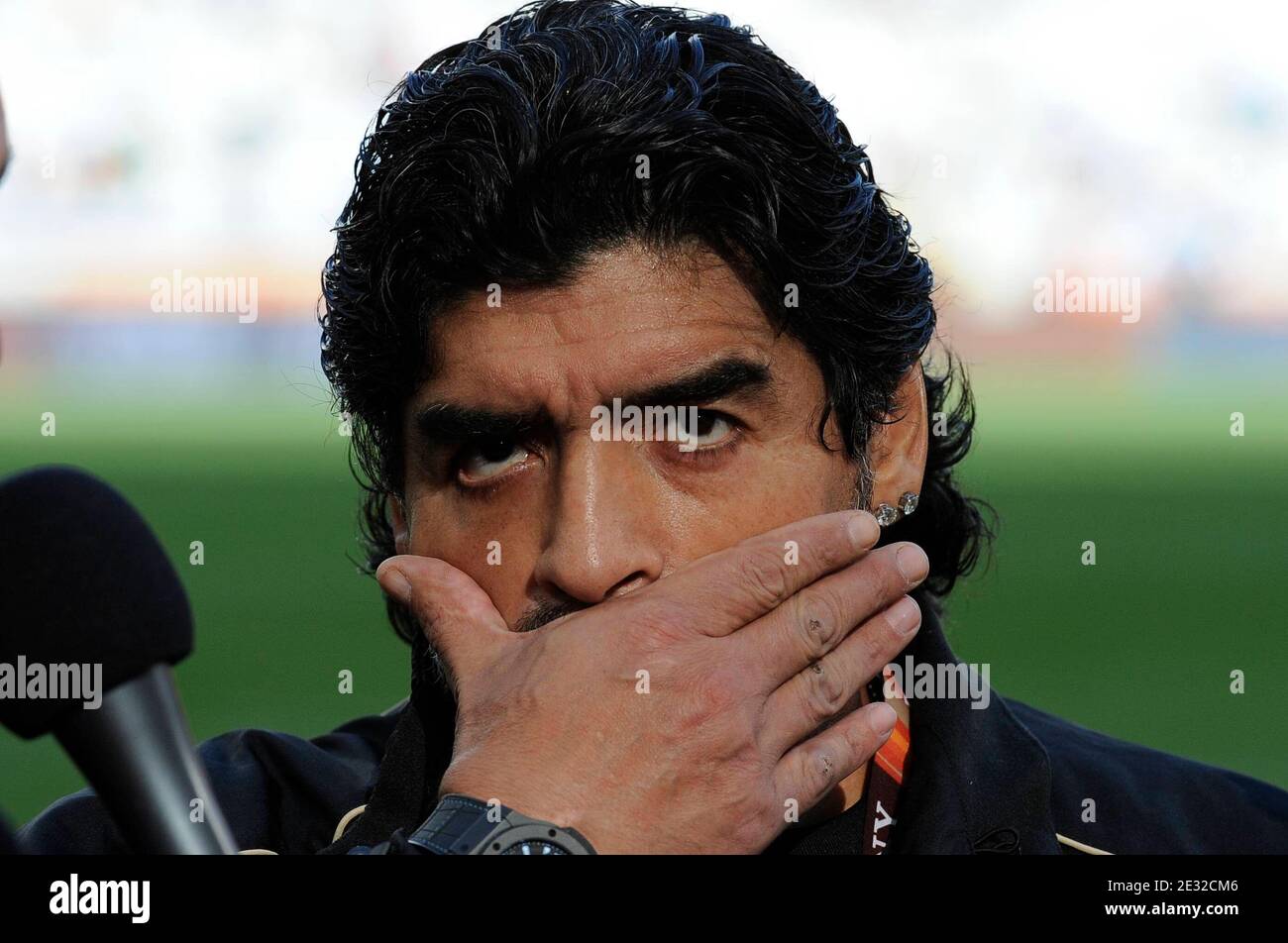 Argentina's coach Diego Armando Maradona during the 2010 FIFA World Cup South Africa 1/4 of final Soccer match, Argentina vs Germany at Green Point football stadium in Johannesburg, South Africa on July 3rd, 2010. Germany won 4-0. Photo by Henri Szwarc/ABACAPRESS.COM Stock Photo