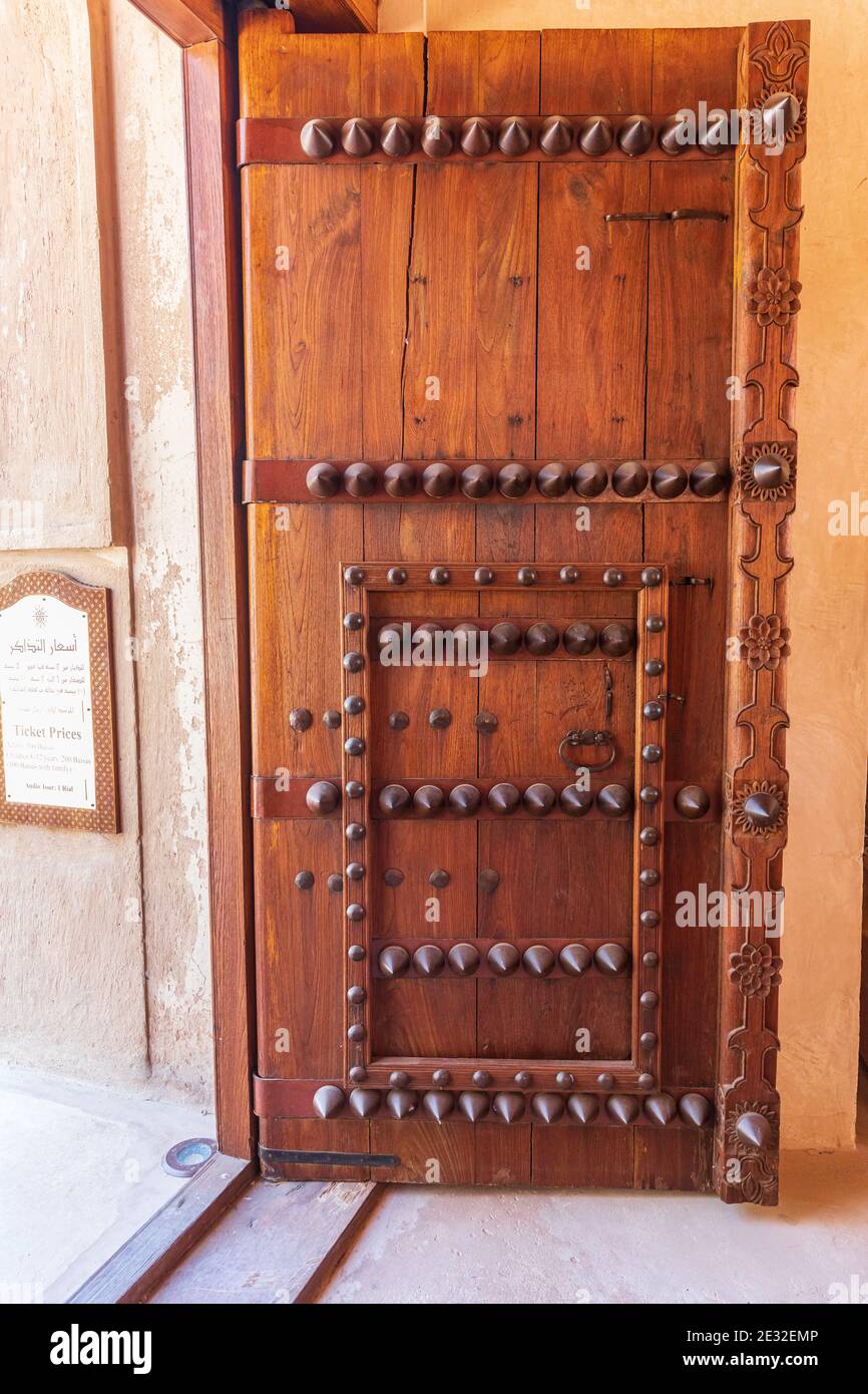 Middle East, Arabian Peninsula, Oman, Ad Dakhiliyah, Bahla. Oct. 23, 2019.  Ancient wooden door in Jabreen Castle Stock Photo - Alamy