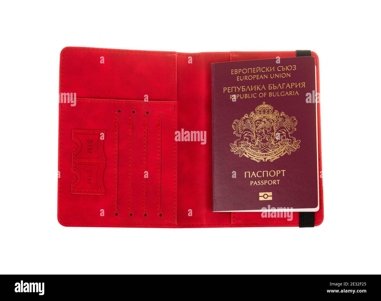 Bulgarian passport in a red cover isolated on white background. Republic of Bulgaria, European Union passport. Stock Photo