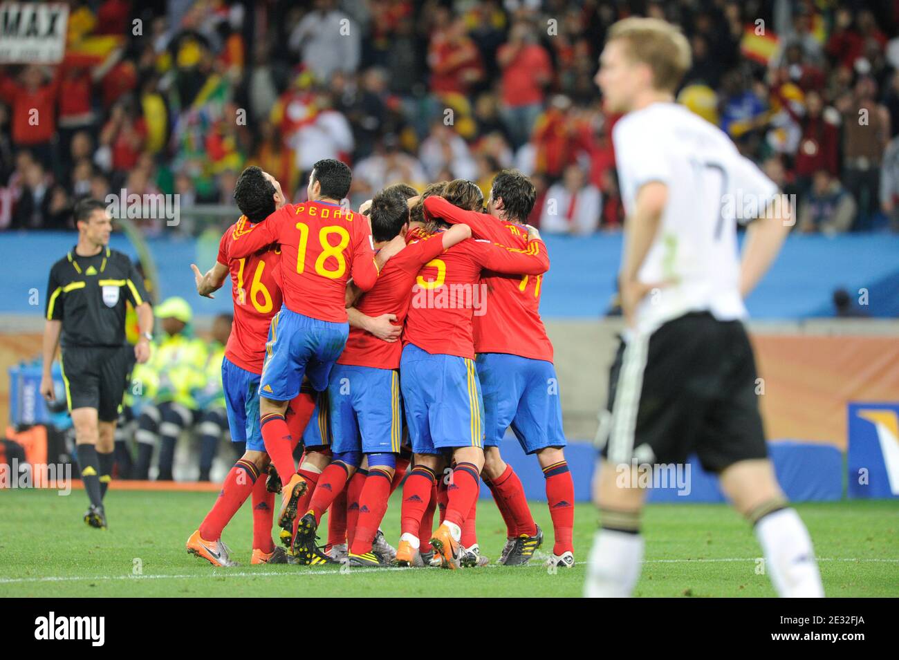Spain's players celebrate after Carles Puyol scored the 1-0 goal during the 2010 FIFA World Cup South Africa, Semi-Final, Soccer match, Spain vs Germany at Moses Mabhida football stadium in Durban, South Africa on July 7th, 2010. Spain won 1-0. Photo by Henri Szwarc/ABACAPRESS.COM Stock Photo