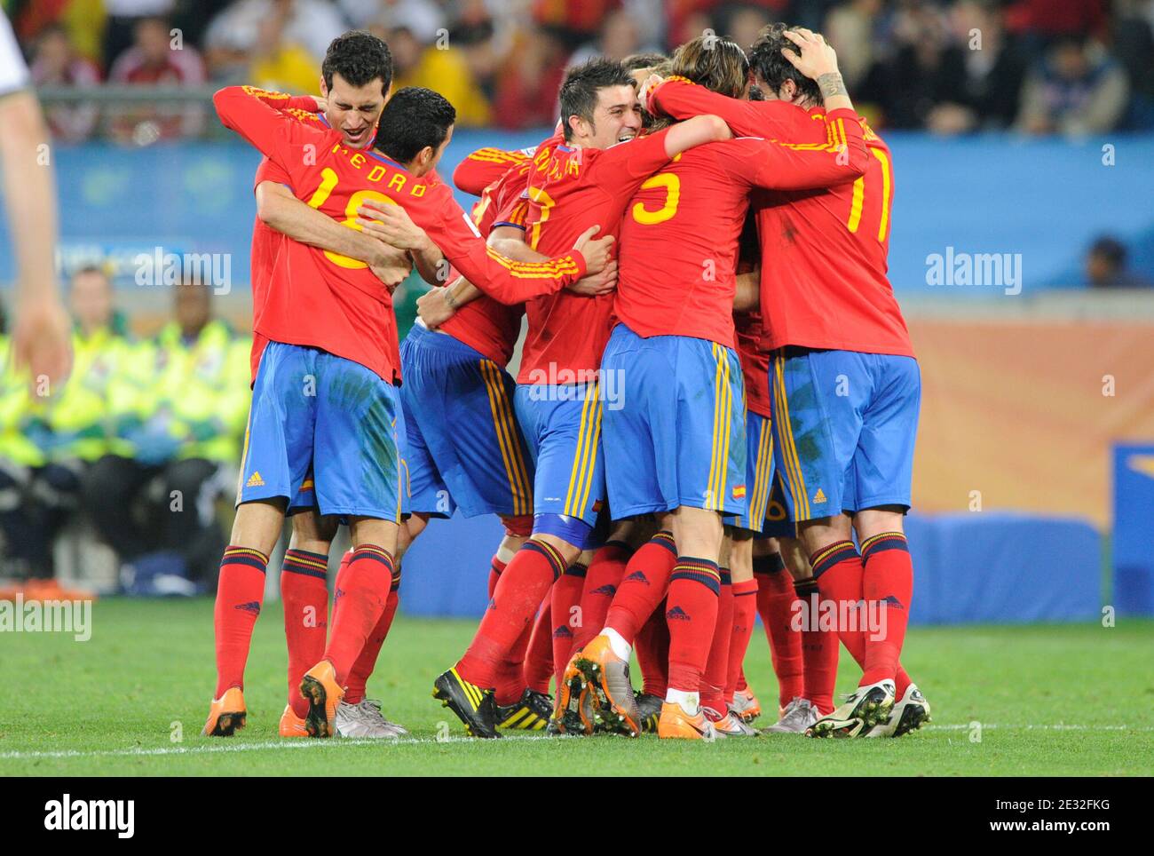 Spain's players celebrate after Carles Puyol scored the 1-0 goal during the 2010 FIFA World Cup South Africa, Semi-Final, Soccer match, Spain vs Germany at Moses Mabhida football stadium in Durban, South Africa on July 7th, 2010. Spain won 1-0. Photo by Henri Szwarc/ABACAPRESS.COM Stock Photo
