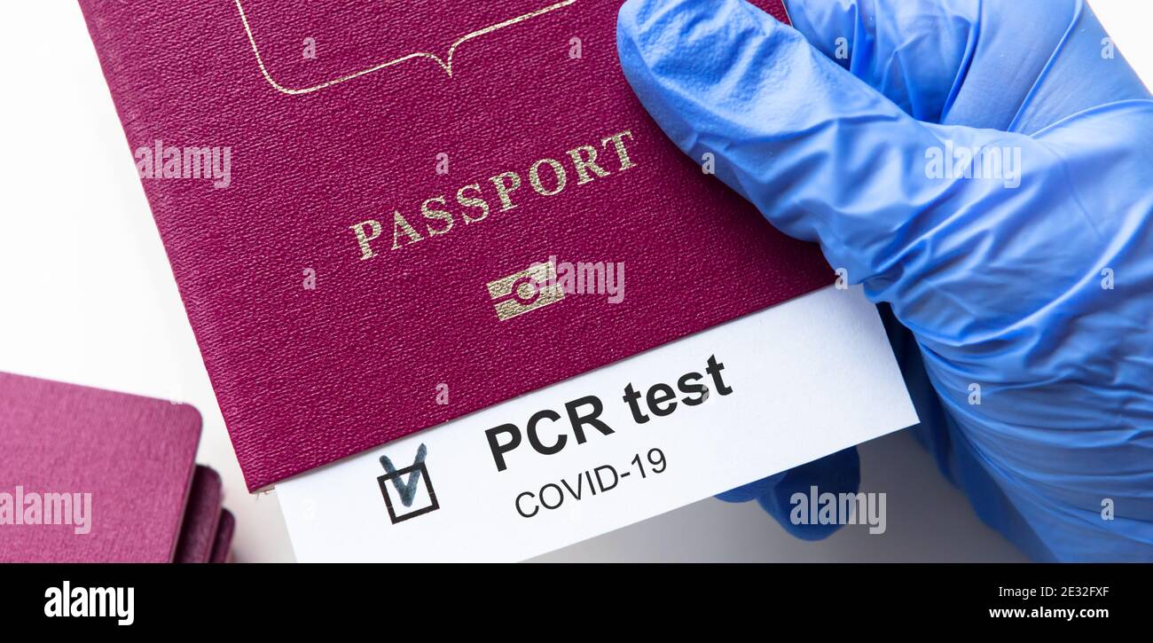 COVID-19 and travel concept, mark of coronavirus PCR testing in tourist passport. Diagnostics of coronavirus in airport due to lockdown. Business and Stock Photo