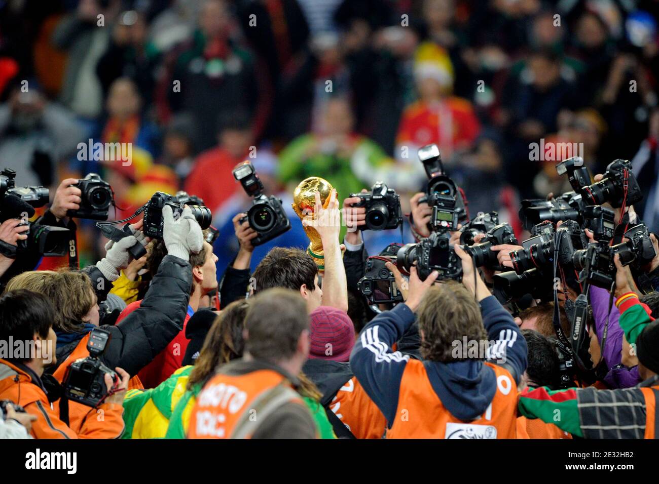 Spain's Andres Iniesta holds the World Cup after winning the 2010 FIFA World Cup South Africa Final Soccer match, Spain vs Netherlands at Soccer City football stadium in Johannesburg, South Africa on July 11th, 2010. Spain won 1-0. Photo by Henri Szwarc/ABACAPRESS.COM Stock Photo