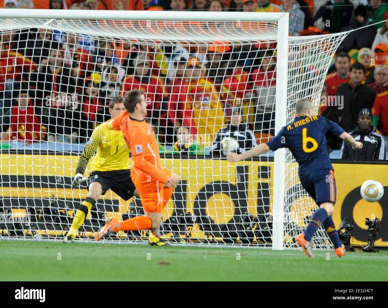Spain's Andres Iniesta scoring the 1-0 goal in the 2010 FIFA World Cup South Africa Final Soccer match, Spain vs Netherlands at Soccer City football stadium in Johannesburg, South Africa on July 11th, 2010. Spain won 1-0. Photo by Henri Szwarc/ABACAPRESS.COM Stock Photo