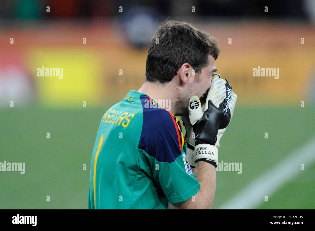 Joy of Spain's Iker Casillas after Andres Iniesta scored the 1-0 goal in the 2010 FIFA World Cup South Africa Final Soccer match, Spain vs Netherlands at Soccer City football stadium in Johannesburg, South Africa on July 11th, 2010. Spain won 1-0. Photo by Henri Szwarc/ABACAPRESS.COM Stock Photo