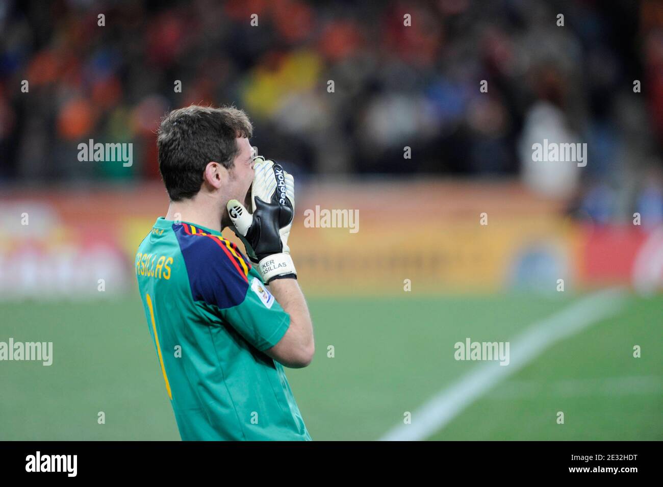Joy of Spain's Iker Casillas after Andres Iniesta scored the 1-0 goal in the 2010 FIFA World Cup South Africa Final Soccer match, Spain vs Netherlands at Soccer City football stadium in Johannesburg, South Africa on July 11th, 2010. Spain won 1-0. Photo by Henri Szwarc/ABACAPRESS.COM Stock Photo