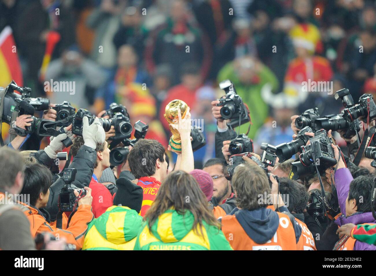 Spain's Andres Iniesta holds the World Cup after winning the 2010 FIFA World Cup South Africa Final Soccer match, Spain vs Netherlands at Soccer City football stadium in Johannesburg, South Africa on July 11th, 2010. Spain won 1-0. Photo by Henri Szwarc/ABACAPRESS.COM Stock Photo