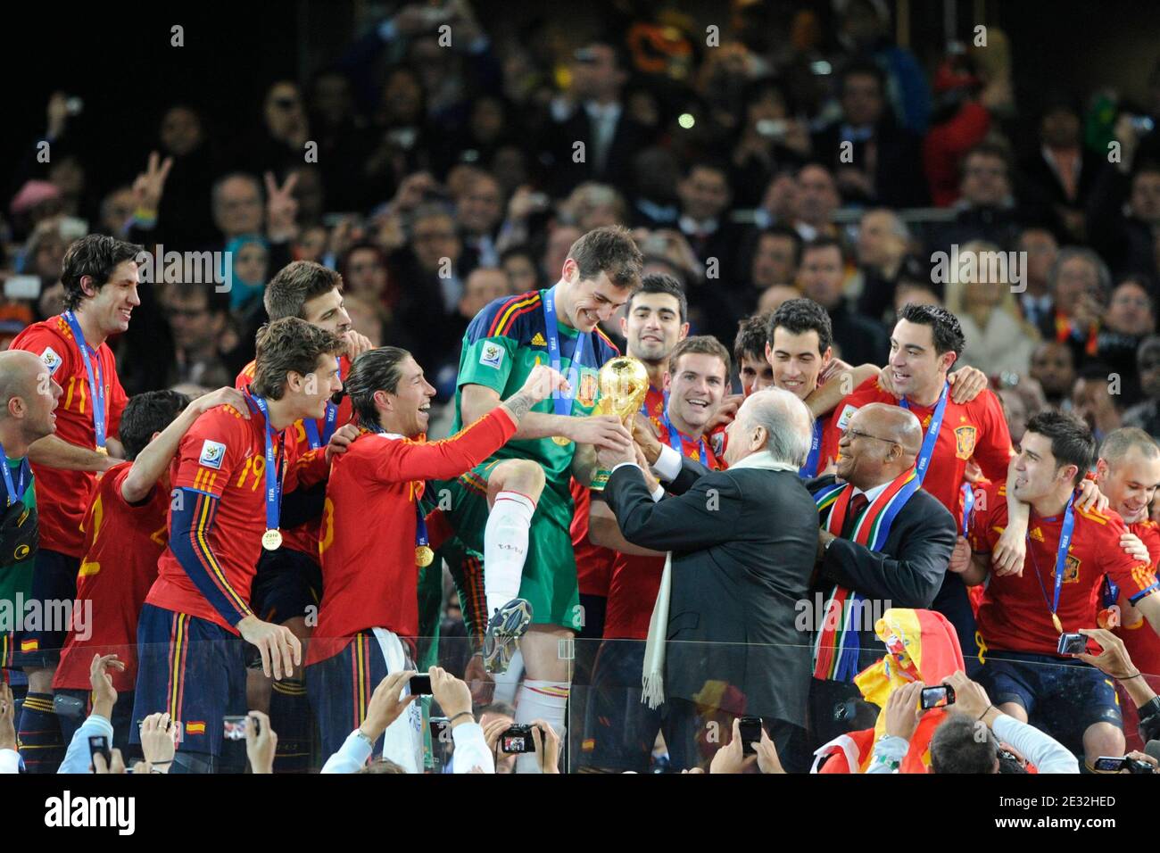 Spanish players celebrate with the trophy following the 2010 FIFA World Cup South Africa Final Soccer match, Spain vs Netherlands at Soccer City football stadium in Johannesburg, South Africa on July 11th, 2010. Spain won 1-0. Photo by Henri Szwarc/ABACAPRESS.COM Stock Photo