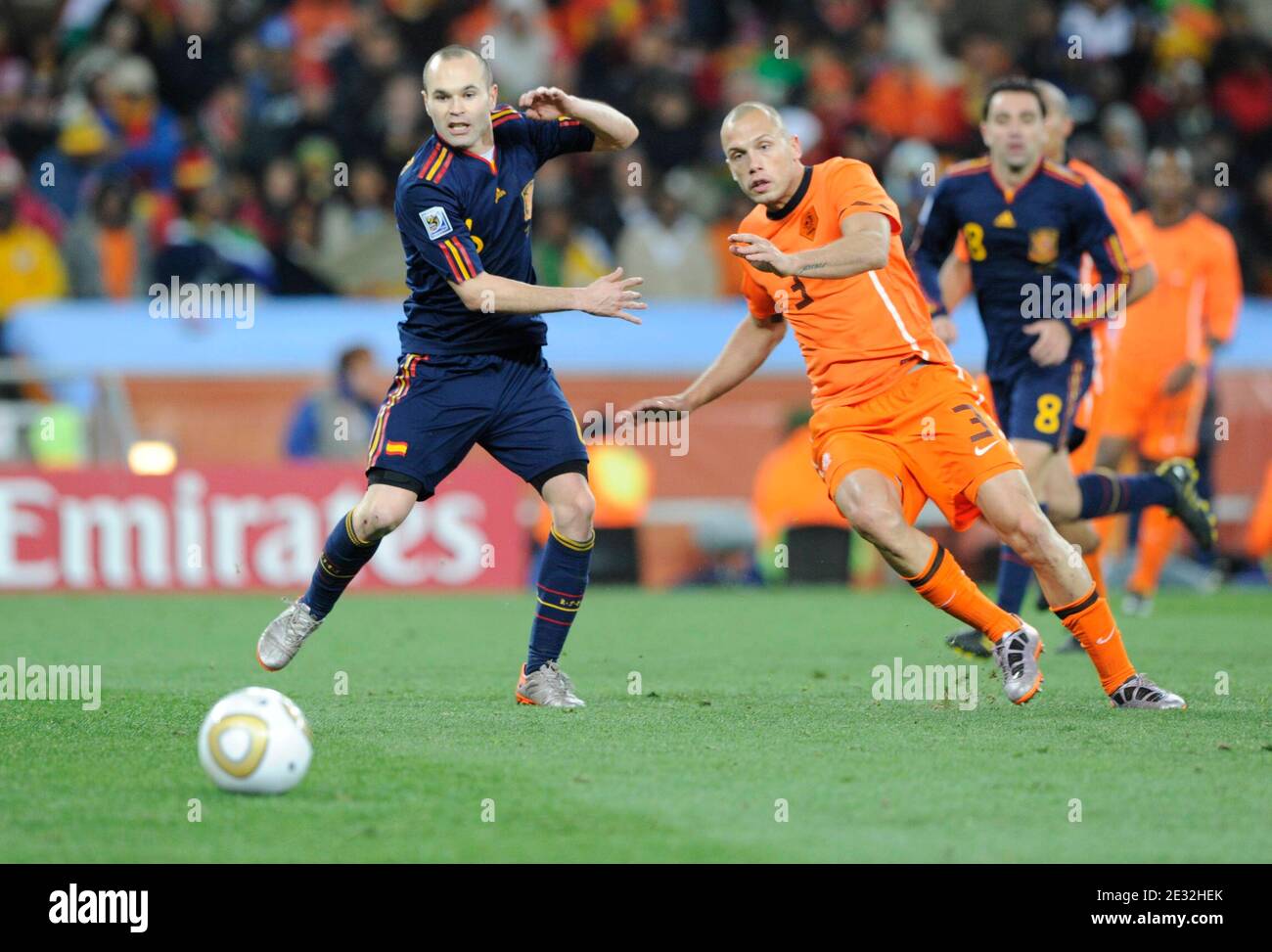 Spain's Andres Iniesta battles Netherlands's John Heitinga during the 2010 FIFA World Cup South Africa Final Soccer match, Spain vs Netherlands at Soccer City football stadium in Johannesburg, South Africa on July 11th, 2010. Spain won 1-0. Photo by Henri Szwarc/ABACAPRESS.COM Stock Photo