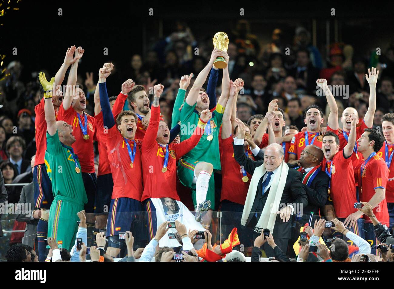Spanish players celebrate with the trophy following the 2010 FIFA World Cup South Africa Final Soccer match, Spain vs Netherlands at Soccer City football stadium in Johannesburg, South Africa on July 11th, 2010. Spain won 1-0. Photo by Henri Szwarc/ABACAPRESS.COM Stock Photo