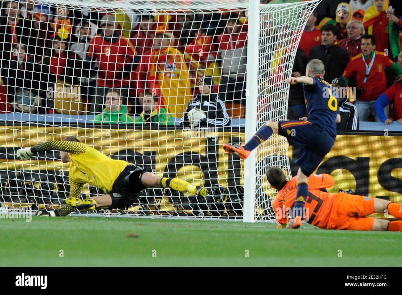 Spain's Andres Iniesta scoring the 1-0 goal in the 2010 FIFA World Cup South Africa Final Soccer match, Spain vs Netherlands at Soccer City football stadium in Johannesburg, South Africa on July 11th, 2010. Spain won 1-0. Photo by Henri Szwarc/ABACAPRESS.COM Stock Photo