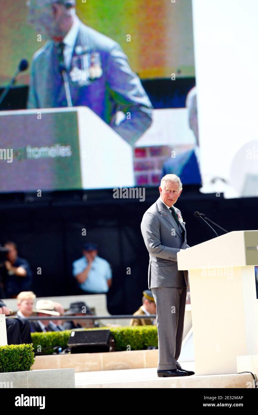 Britain's Prince Charles of Wales delivers a speech during the burial ceremony of an unknown World War One soldier, the last of the 250 found in a mass grave from the 1916 Battle of Fromelles at the Fromelles Pheasant Wood British and Australian Military Stock Photo