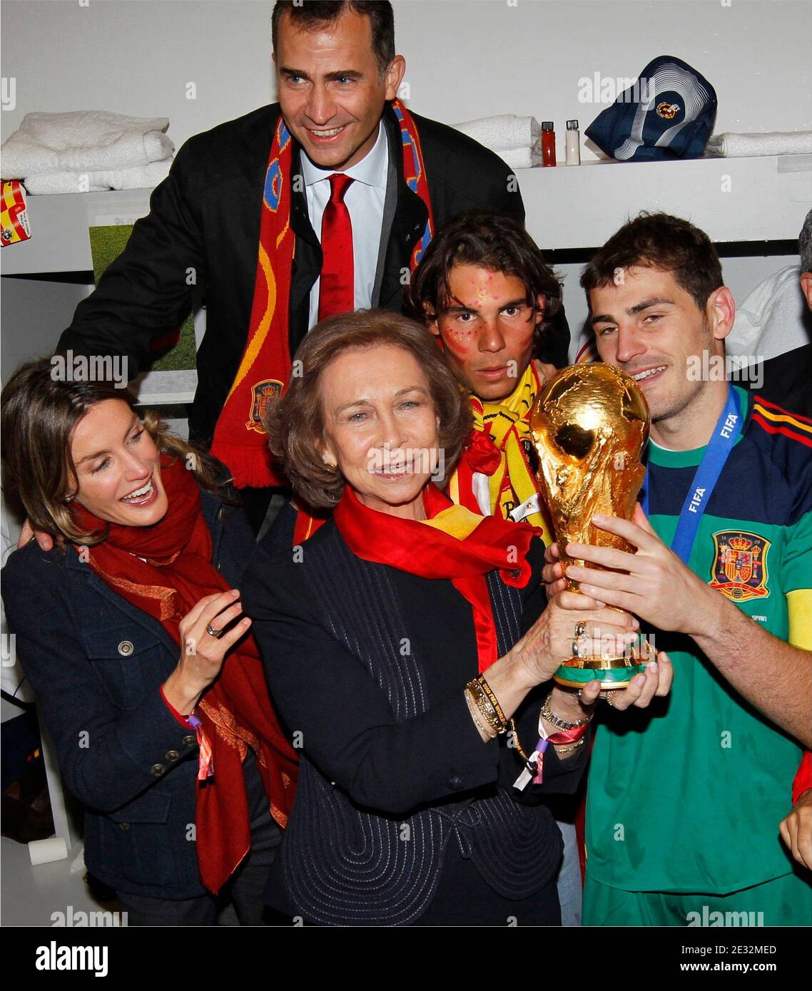 Spainish Crown Princess Letizia, Queen Sofia, Crown Prince Felipe, Rafael Nadal and Goalkeeper Iker Casillas celebrates the victory in the Spanish dressing room after Spanish football tam won the 2010 FIFA World Cup at Soccer City Stadium in Johannesburg, South Africa, on July 11, 2010. Photo by Pool/Almagro/ABACAPRESS.COM Stock Photo