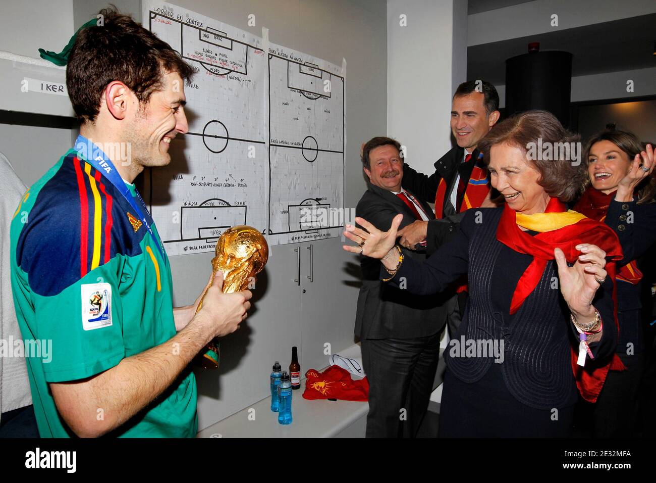 Spainish Goalkeeper Iker Casillas, Queen Sofia, Crown Prince Felipe and Crown Princess Letizia celebrates the victory in the Spanish dressing room after Spanish football tam won the 2010 FIFA World Cup at Soccer City Stadium in Johannesburg, South Africa, on July 11, 2010. Photo by Pool/Almagro/ABACAPRESS.COM Stock Photo