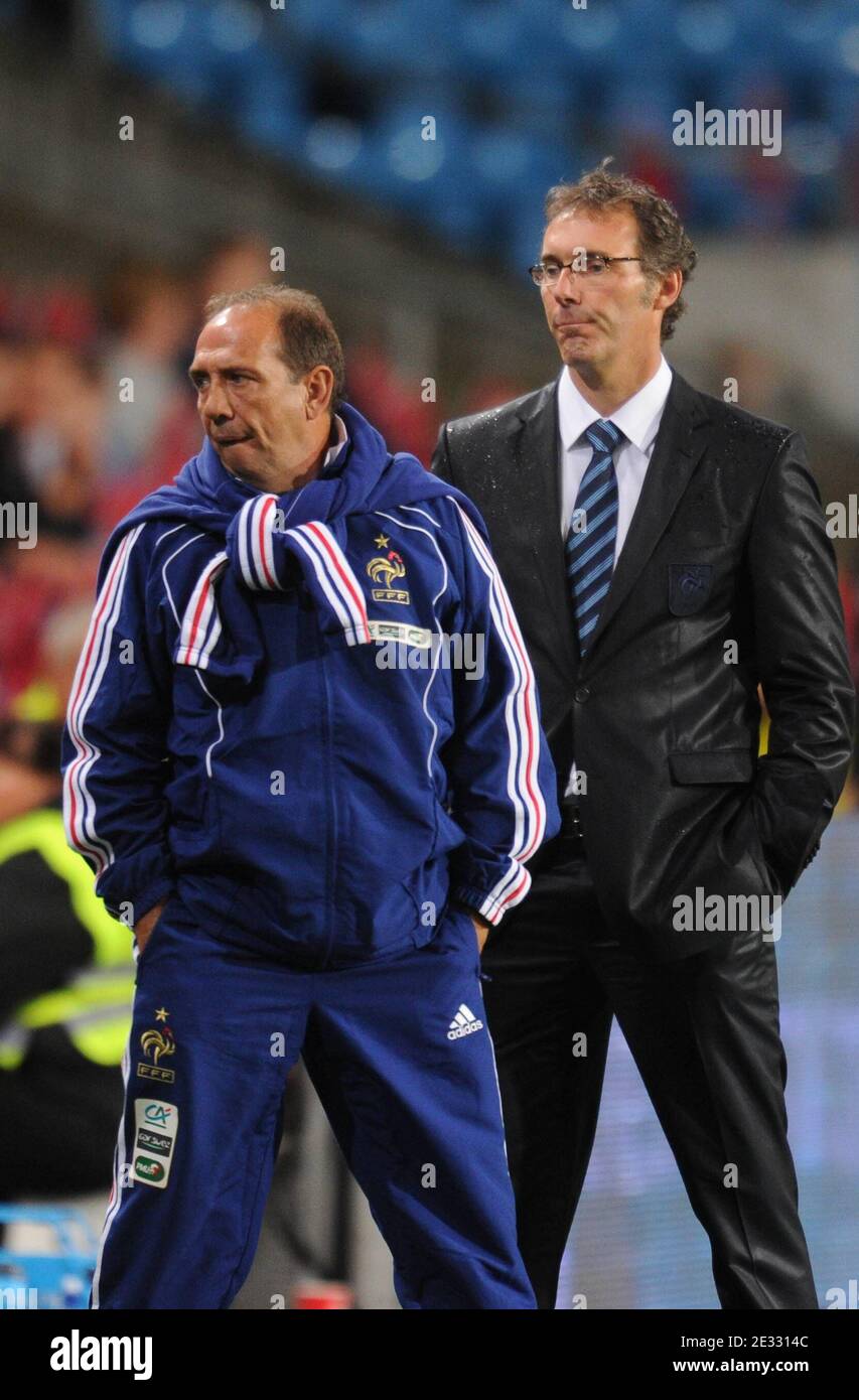 French National Soccer Team coach Laurent Blanc and Jean Louis Gasset  during friendly match, Norway vs France at the Ullevaal Stadium, in Oslo,  Norway, on August 11, 2010. Norway won 2-1. Photo
