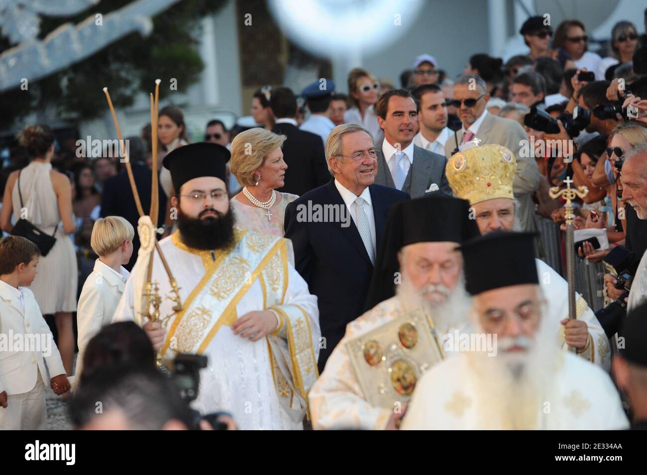 King Constantine and Queen Anne-Marie of Greece arrive for the wedding of Prince Nikolaos of Greece and Tatiana Blatnik at the Orthodox Church of Ayios Nikolaos (St. Nicholas) on Spetses Island, Greece on August 25, 2010. Photo by Mousse/ABACAPRESS.COM Stock Photo