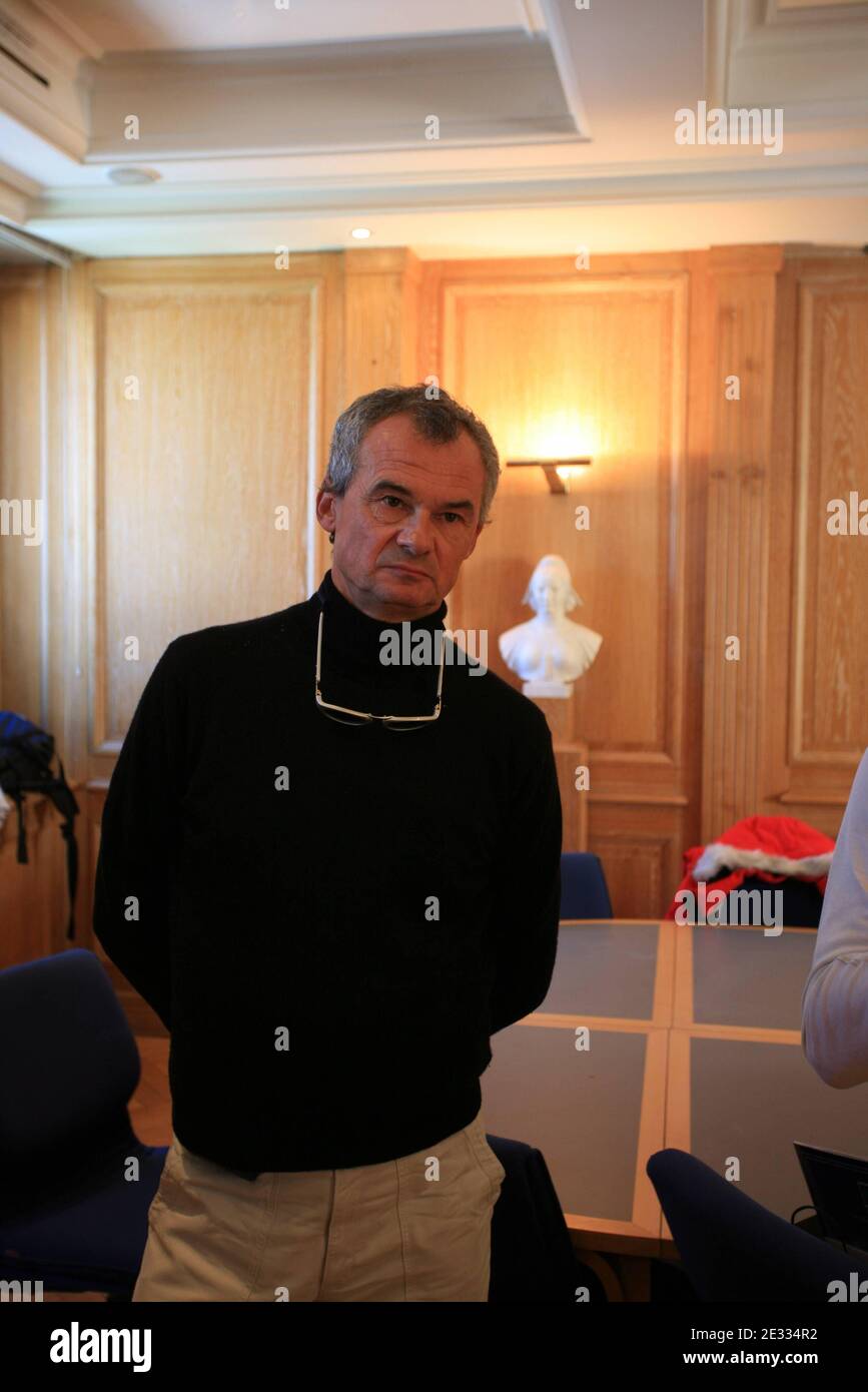 Jean-Luc Videlaine, the prefet of Haute-Savoie region poses at the city hall of Saint-Gervais, southeastern France on August 25, 2010. French engineers began an operation to remove 65,000 cubic meters of water underneath the Tete-Rousse glacier on Mont Blanc. The hidden lake threatens to flood the Saint-Gervais valley, a tourist destination and home to 3,000 people in the French Alps. The engineers are drilling a hole into the ice to pump out the water. In 1892, water from an underground lake flooded the same valley and killed 175 people. Photo by Daniel Giry/ABACAPRESS.COM. Stock Photo