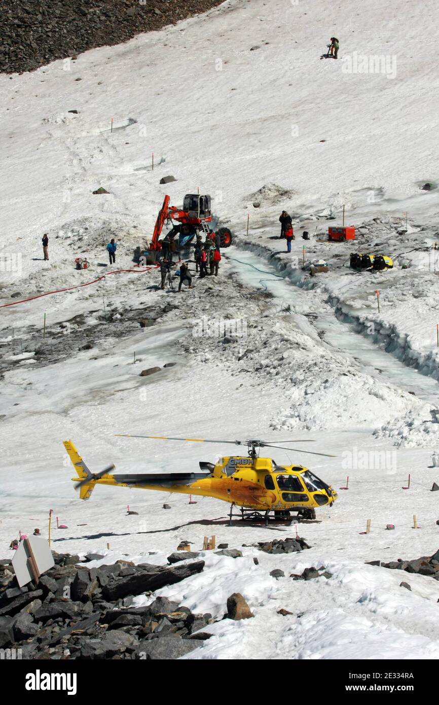 French engineers began an operation to remove 65,000 cubic meters of water underneath the Tete-Rousse glacier on Mont Blanc, in Saint-Gervais, southeastern France on August 25, 2010. The hidden lake threatens to flood the Saint-Gervais valley, a tourist destination and home to 3,000 people in the French Alps. The engineers are drilling a hole into the ice to pump out the water. In 1892, water from an underground lake flooded the same valley and killed 175 people. Photo by Daniel Giry/ABACAPRESS.COM. Stock Photo