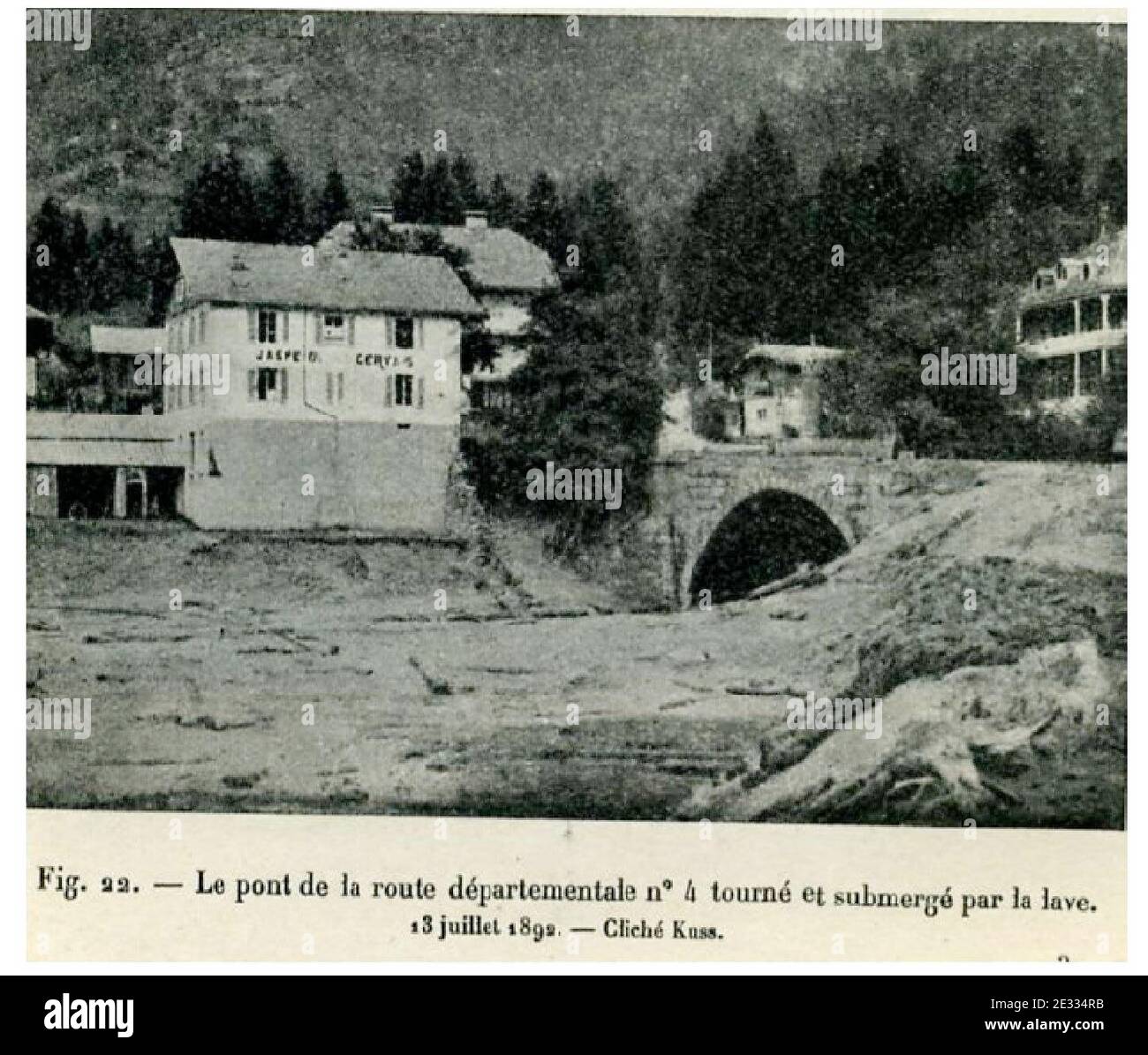 File picture dated July 13, 1892 after the catastrophe of the Tete-Rousse glacier on Mont Blanc, in Saint-Gervais, southeastern France. On August 25, 2010, French engineers began an operation to remove 65,000 cubic meters of water underneath the glacier. The hidden lake threatens to flood the Saint-Gervais valley, a tourist destination and home to 3,000 people in the French Alps. The engineers are drilling a hole into the ice to pump out the water. In 1892, water from an underground lake flooded the same valley and killed 175 people. Photo by Daniel Giry/ABACAPRESS.COM. Stock Photo