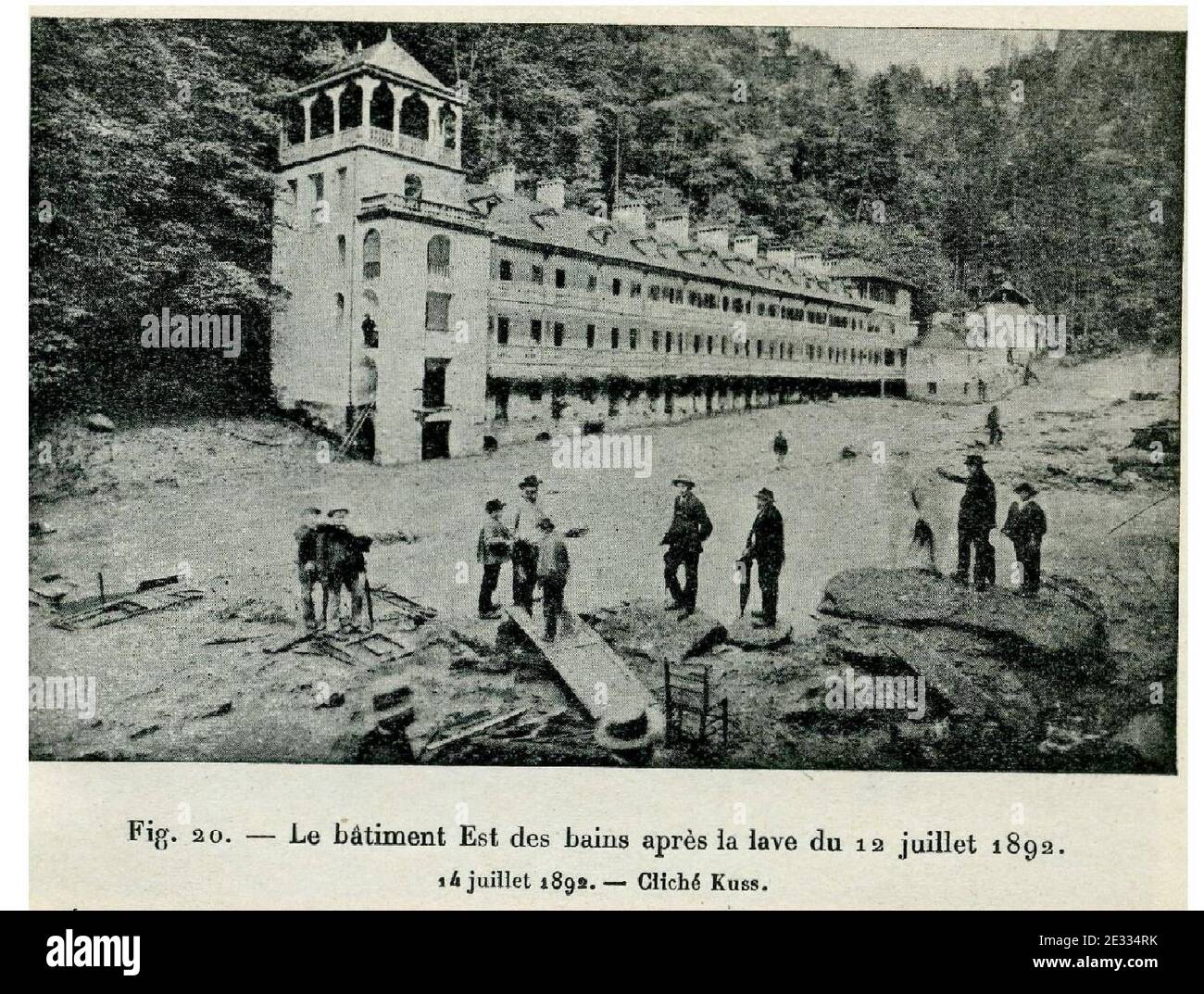File picture dated July 14, 1892 after the catastrophe of the Tete-Rousse glacier on Mont Blanc, in Saint-Gervais, southeastern France. On August 25, 2010, French engineers began an operation to remove 65,000 cubic meters of water underneath the glacier. The hidden lake threatens to flood the Saint-Gervais valley, a tourist destination and home to 3,000 people in the French Alps. The engineers are drilling a hole into the ice to pump out the water. In 1892, water from an underground lake flooded the same valley and killed 175 people. Photo by Daniel Giry/ABACAPRESS.COM. Stock Photo