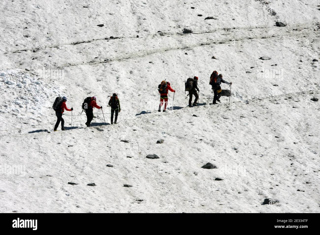 French engineers began an operation to remove 65,000 cubic meters of water underneath the Tete-Rousse glacier on Mont Blanc, in Saint-Gervais, southeastern France on August 25, 2010. The hidden lake threatens to flood the Saint-Gervais valley, a tourist destination and home to 3,000 people in the French Alps. The engineers are drilling a hole into the ice to pump out the water. In 1892, water from an underground lake flooded the same valley and killed 175 people. Photo by Daniel Giry/ABACAPRESS.COM. Stock Photo