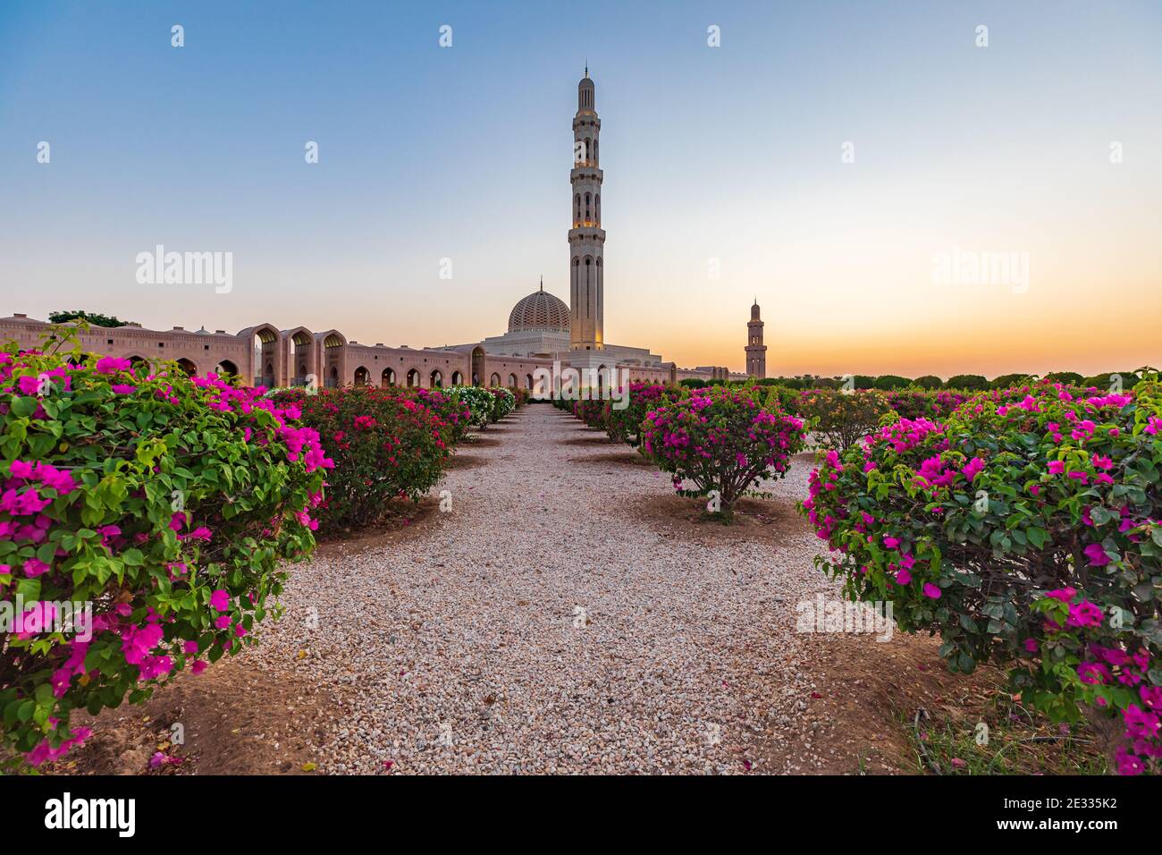 Middle East, Arabian Peninsula, Oman, Muscat. Sunset view of the Sultan Qaboos Grand Mosque in Bawshar,Muscat. Stock Photo