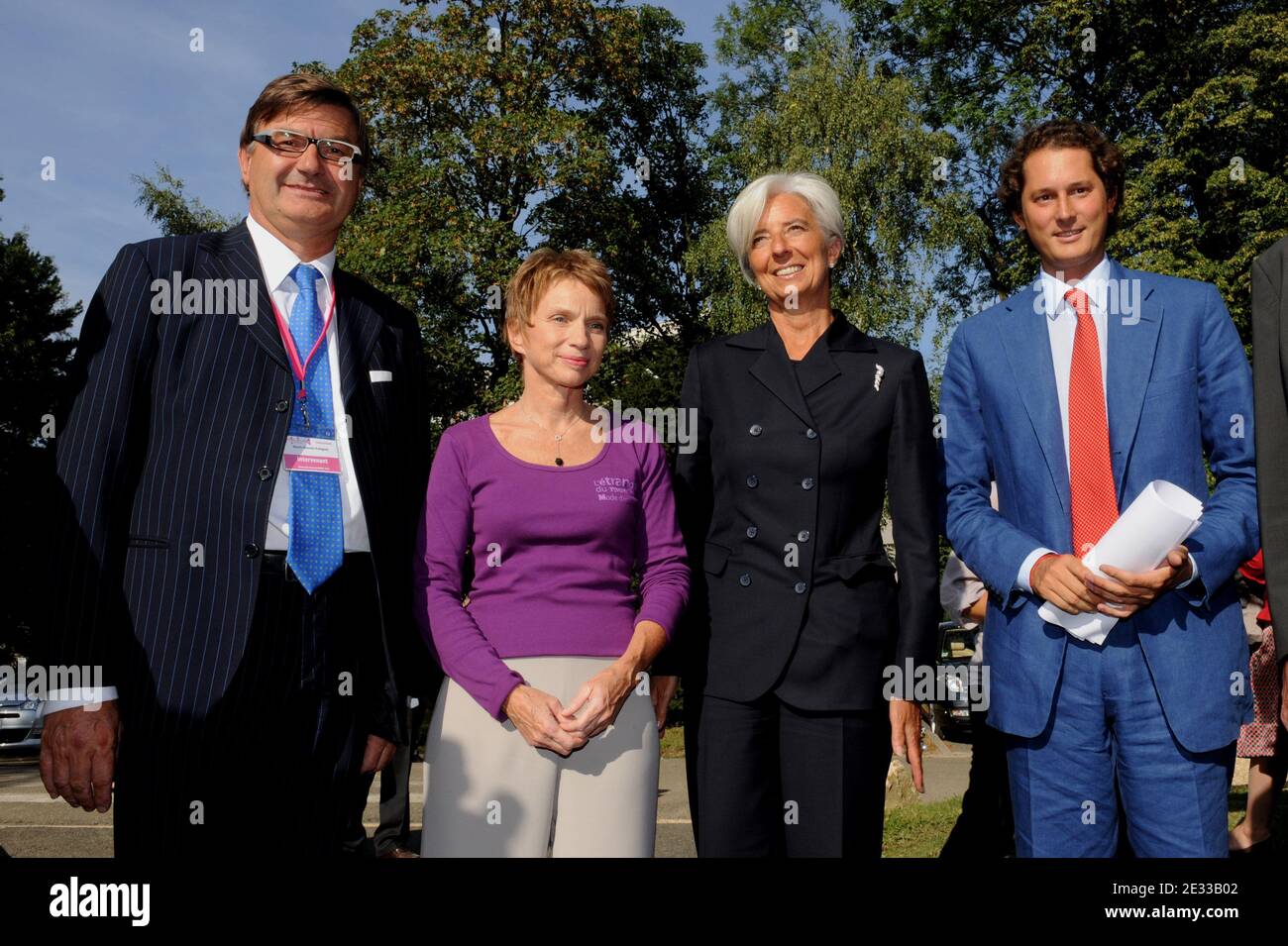 Laurence Parisot, Christine Lagarde, Geox CEO Mario Moretti Polegato (L)  and Fiat CEO John Elkann (R) arrive at the Medef Summer University  conference in Jouy-en-Josas, near Paris, France, on September 1, 2010.