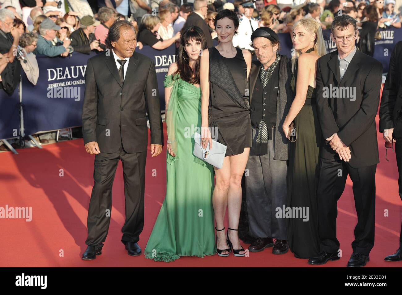 Members of the Feature Films Jury (L-R) French director Tony Gatlif, French actress and director Christine Citti, French actress Jeanne Balibar, French actor Denis Lavant, French actress and president of the jury Emmanuelle Beart and French director Lucas Belvaux arriving for the opening ceremony and the screening of 'Brazil Director's Cut' directed by American-born British director Terry Gilliam, on the first day of the 36th American Film Festival, in Deauville, northwestern France on September 3, 2010. Photo by Thierry Orban/ABACAPRESS.COM Stock Photo
