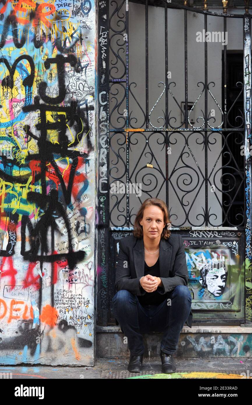 File picture dated August 2010 of French patchworks artist Constance Meyer  posing next to Serge Gainsbourg's house on the rue de Verneuil in Paris,  France. Meyer published a book titled 'La jeune