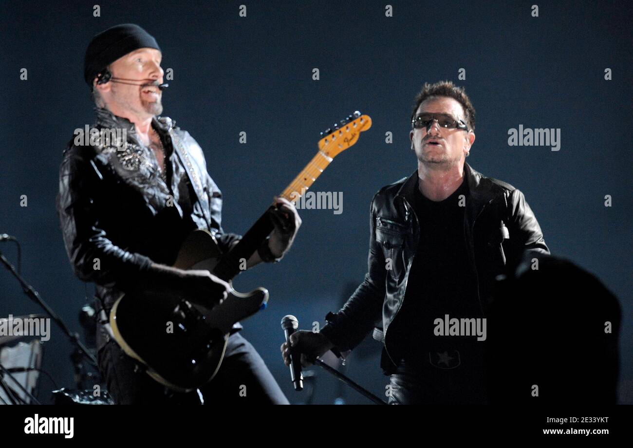 Bono (Paul Hewson) singer of the Irish rock band U2, performs on stage
