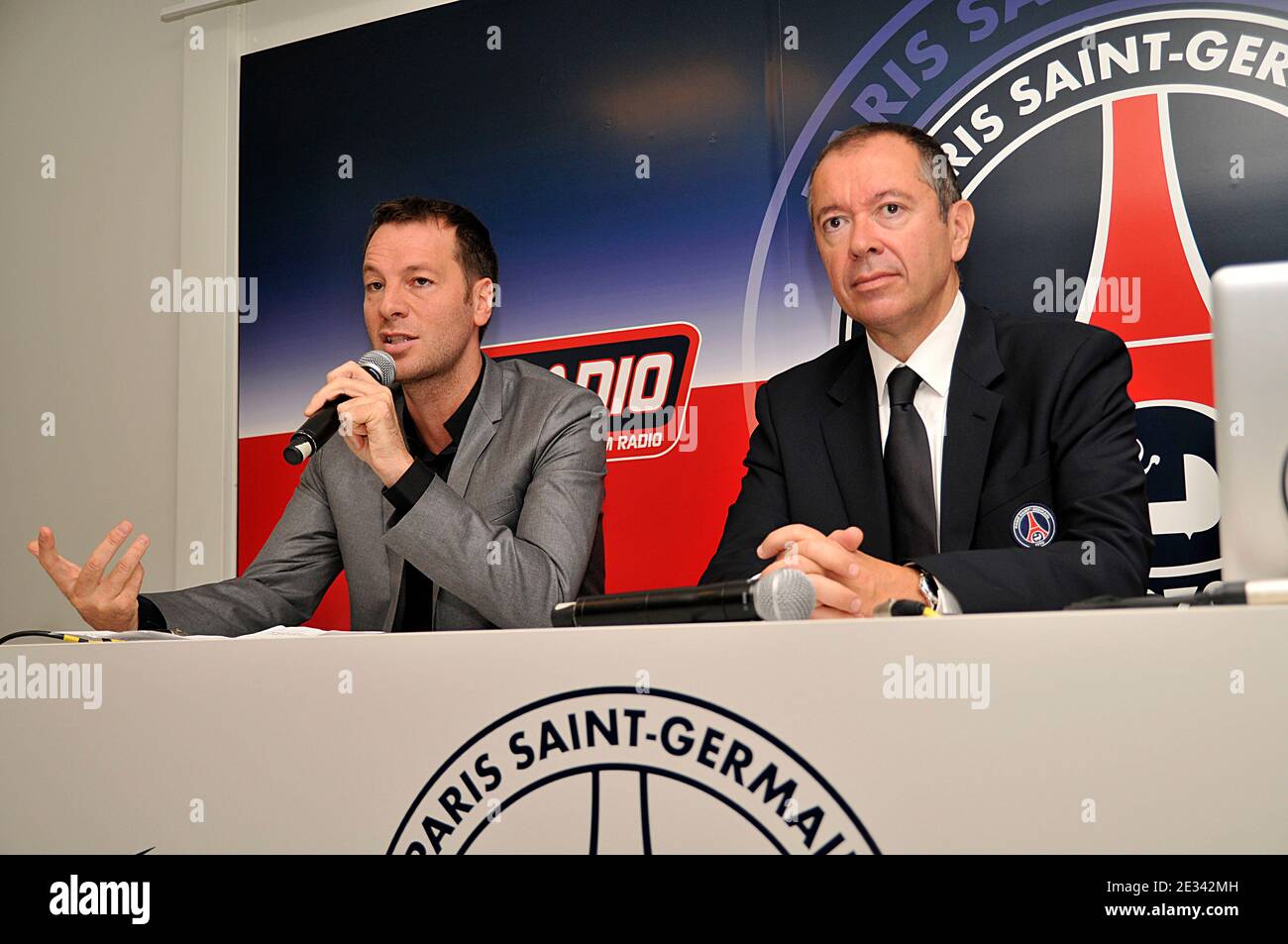 Paris Saint-Germain (PSG) football team president Robin Leproux and Goom Radio chairman Roberto Ciurleo attend the launch of PSG radio to 'le Camp des Loges' in Saint-Germain-en-Laye near Paris, France on Wednesday September 22, 2010. Photo by Thierry Plessis/ABACAPRESS.COM Stock Photo