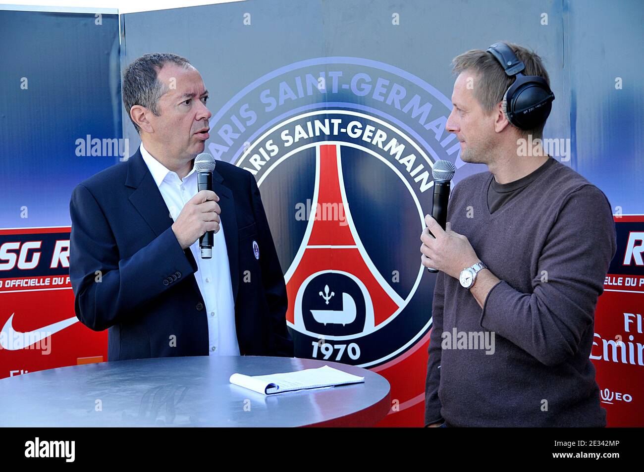 Paris Saint-Germain (PSG) football team president Robin Leproux and French radioman Max attend the launch of PSG radio to 'le Camp des Loges' in Saint-Germain-en-Laye near Paris, France on Wednesday September 22, 2010. Photo by Thierry Plessis/ABACAPRESS.COM Stock Photo
