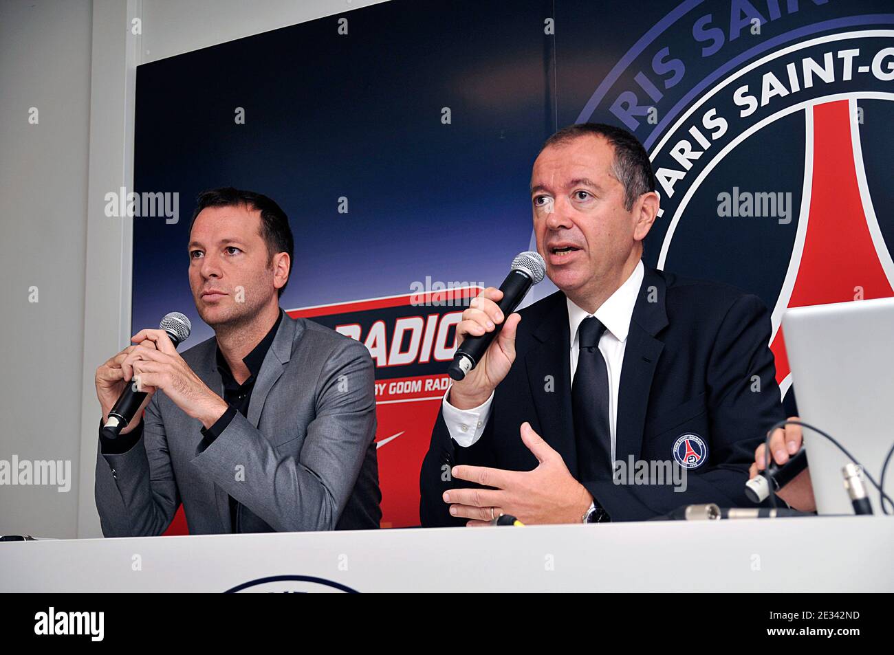 Paris Saint-Germain (PSG) football team president Robin Leproux and Goom Radio chairman Roberto Ciurleo attend the launch of PSG radio to 'le Camp des Loges' in Saint-Germain-en-Laye near Paris, France on Wednesday September 22, 2010. Photo by Thierry Plessis/ABACAPRESS.COM Stock Photo