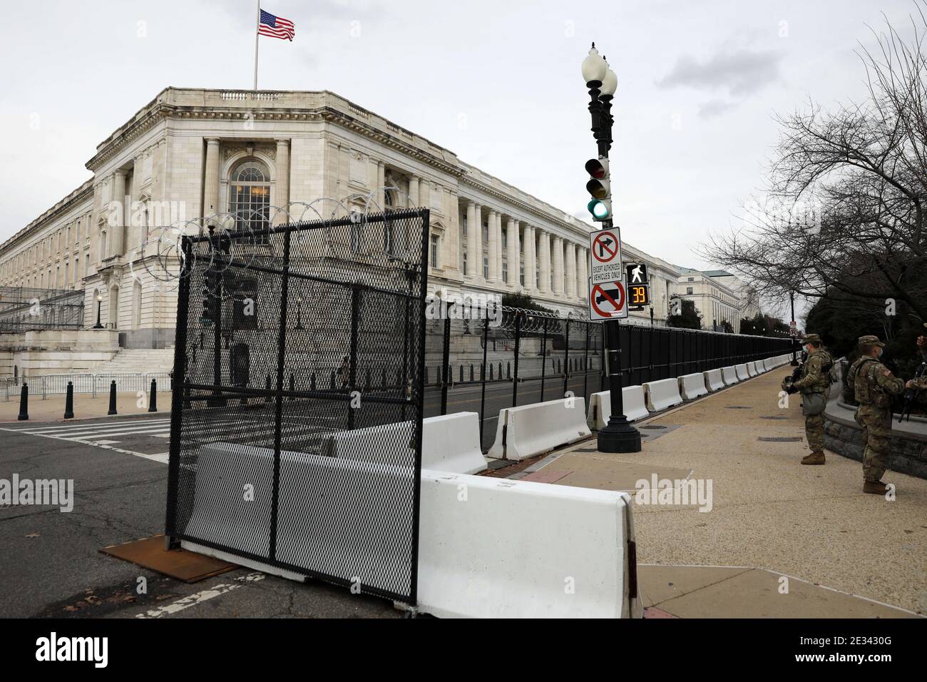Members of the National Guard secure the area around U.S. Capitol ahead of the upcoming inauguration for President-elect Joe Biden in Washington on January 16, 2021. Photo by Yuri Gripas/ABACAPRESS.COM Stock Photo