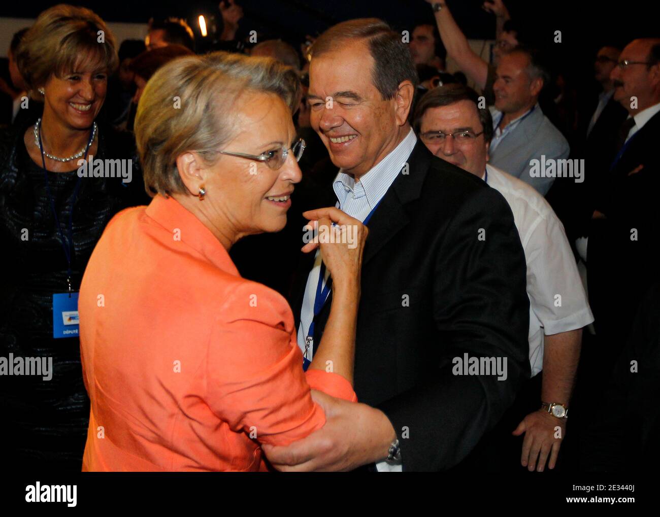 French Minister of state for Justice Michele Alliot-Marie and her companion UMP MP and Rueil-Malmaison's mayor Patrick Ollier attend the first day of Right ruling party UMP parliamentary days in Biarritz, France on September 23, 2010. Photo by Bernard Patrick/ABACAPRESS.COM Stock Photo